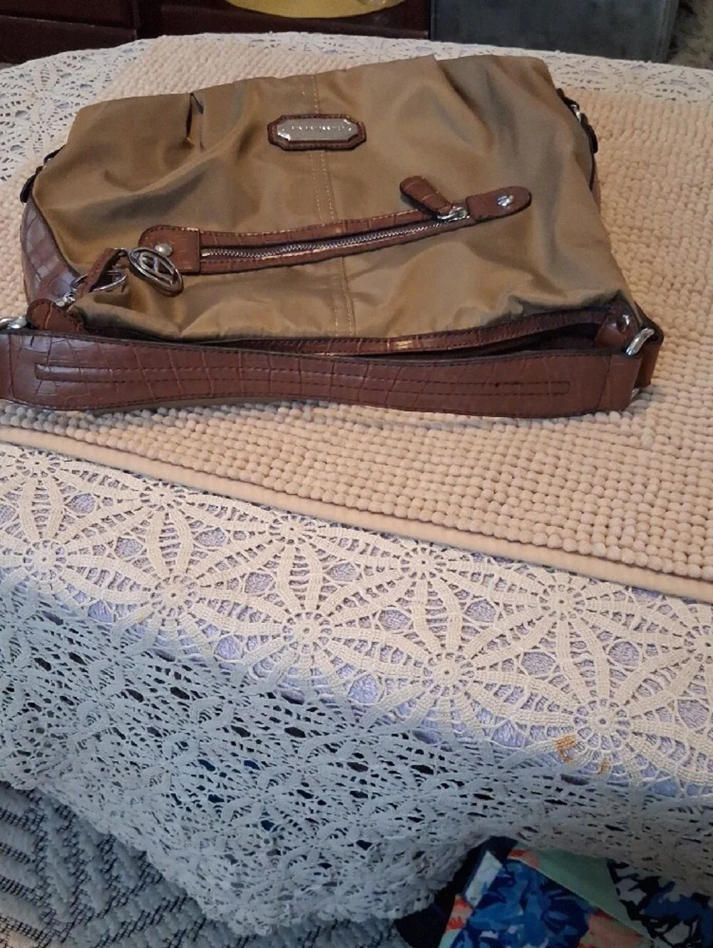 Etienne Aigner Olive/Tan Nylon Hobo with Brown Leather Trim